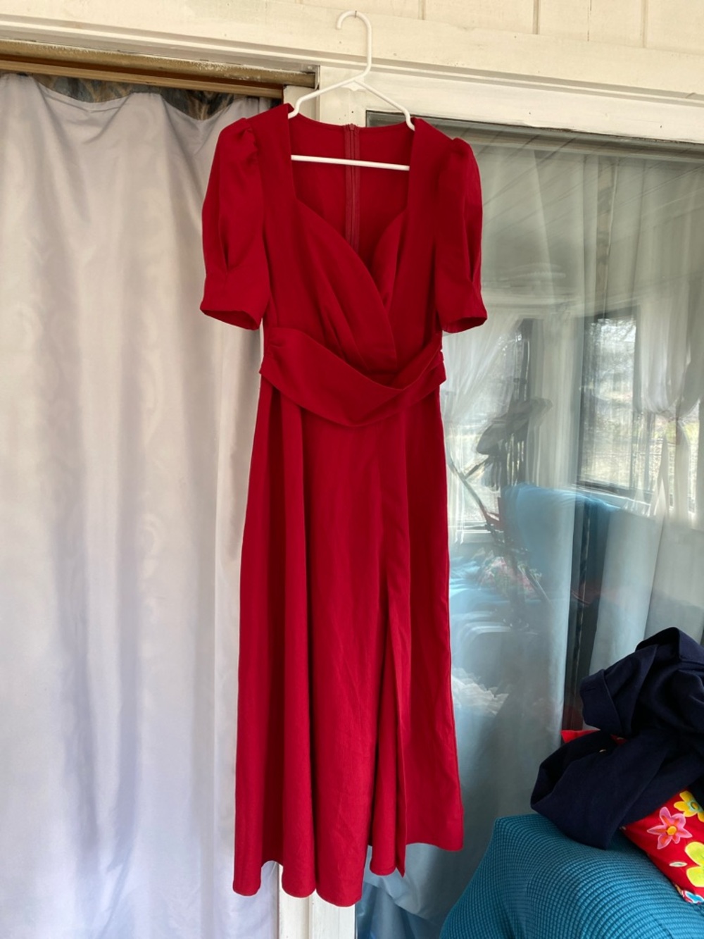 Red Wrap-Style Midi Dress - Women's Elegant V-Neck
